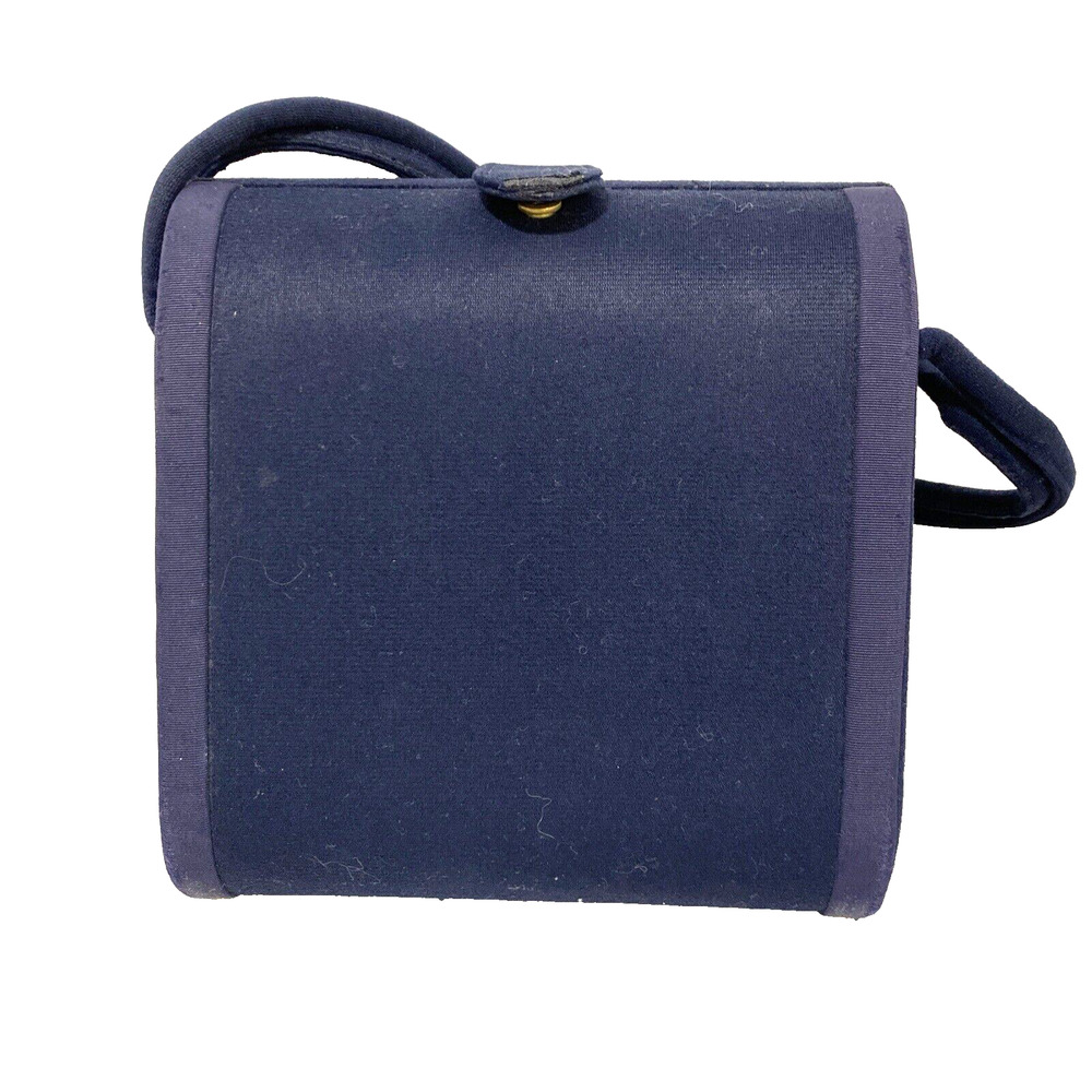 Vintage Mid Century Box Style Hand Bag Top Handle Purse Navy Blue Wool Classic